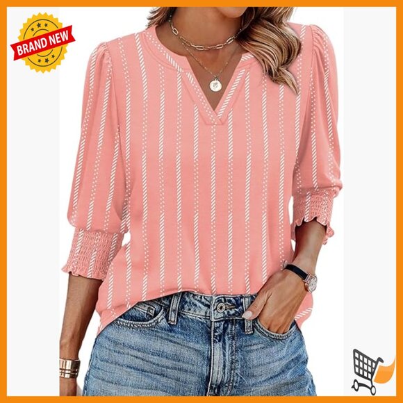 Tops - Women's 3/4 Sleeve V-Neck Blouse with Smocked Cuffs, Dressy Casual Top
